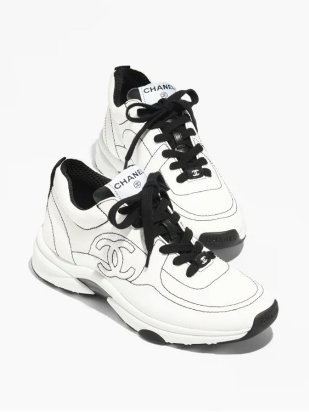 CHANEL White and Black Lace-Up Runner Sneakers